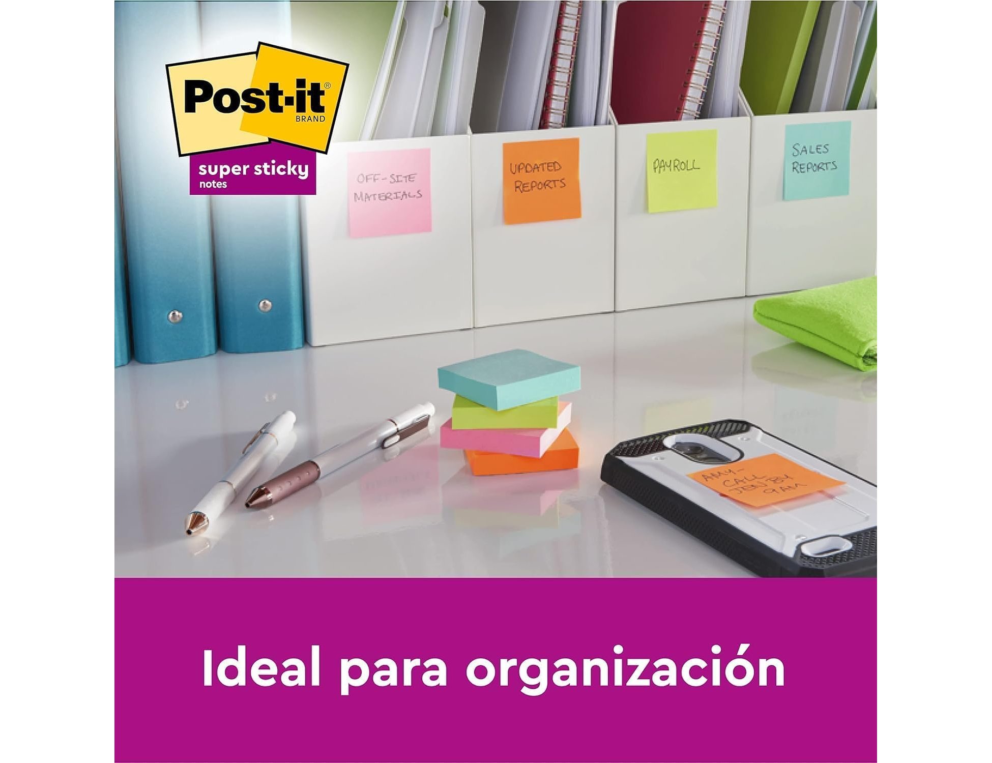 BLOC DE NOTAS ADHESIVAS QUITA Y PON POST-IT SUPER STICK ULTRA 76X76 MM PACK DE 12 BLOC VERDE ROSA AMARILLA